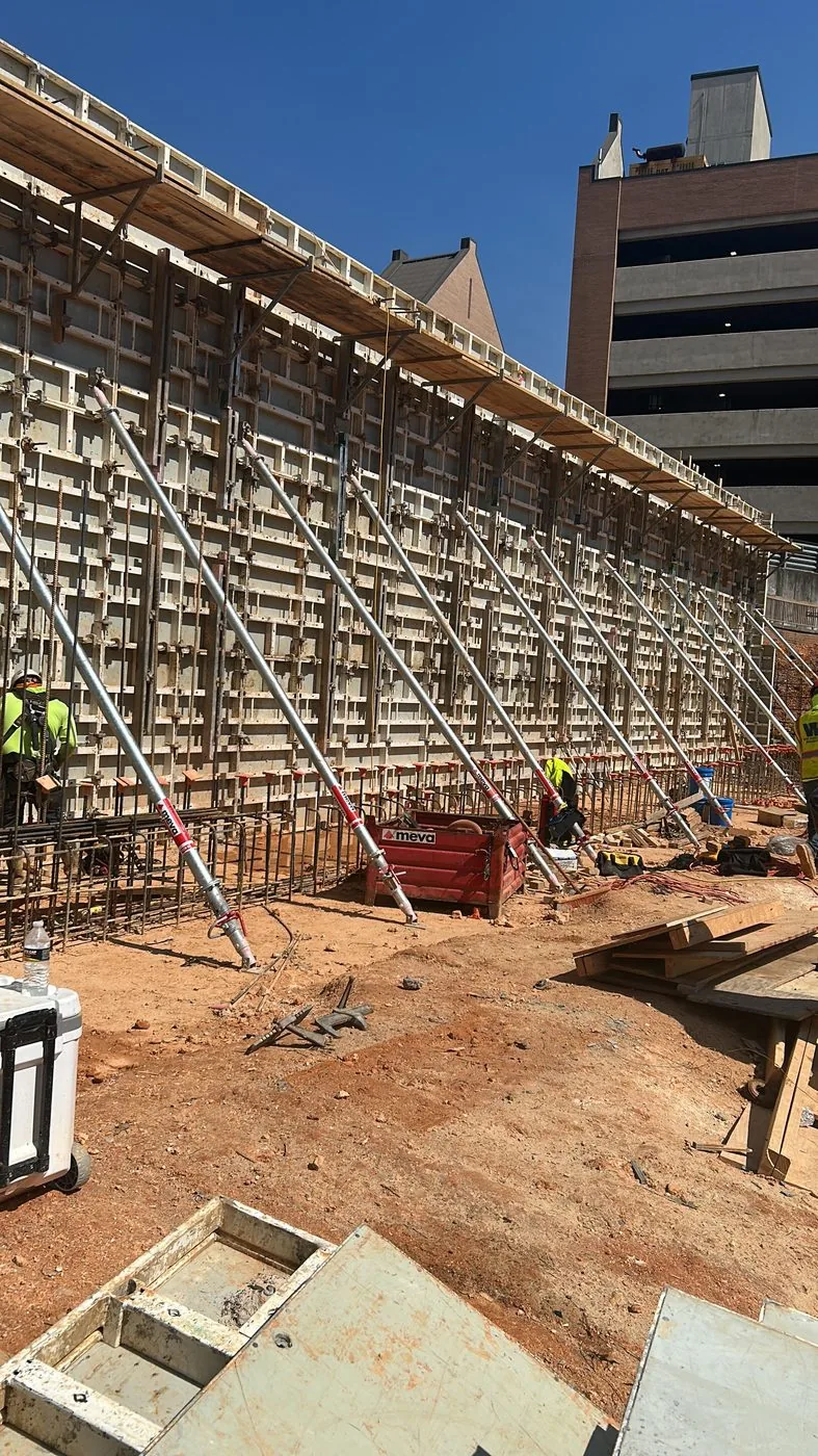 Wall formwork and reinforcement at a commercial construction site